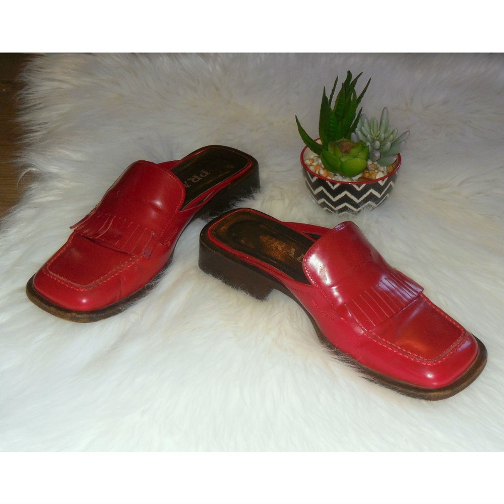 PRADA Red Leather Kiltie Slip-On Mules Size 38